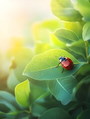 A dreamy summer composition of green foliage with a ladybug resting gracefully on a vibrant leaf, softly blending into the glowing sky.