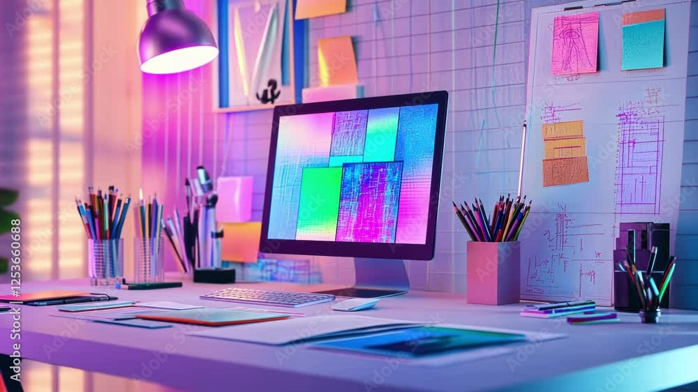 Aufkleber modern workspace with computer displaying abstract design, illuminated by neon light, featuring vari