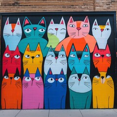 Fototapeta premium Colorful Mural Featuring Many Cats On A Brick Wall with Bright Colors and Patterns and Animals and Figures and Illustrations and Graphics. Urban Street Art Mural with Diverse Characters and Bold
