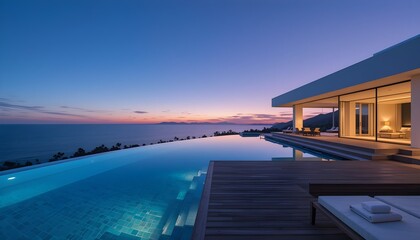 Fototapeta premium A luxurious infinity pool with breathtaking sunset ocean views. A perfect vacation retreat for relaxation, travel, and tropical paradise experiences.