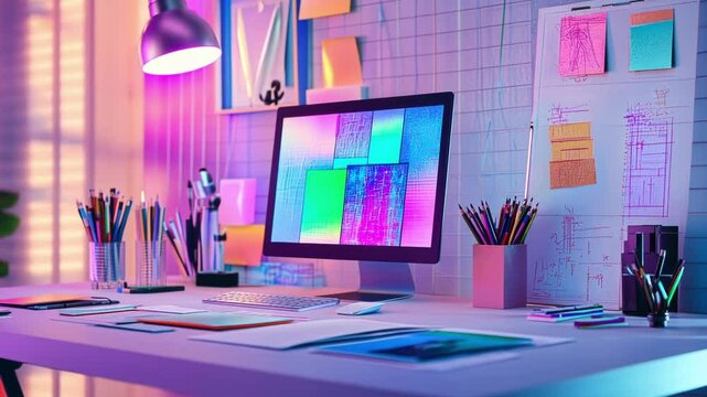 Modern workspace with computer displaying abstract design, illuminated by neon light, featuring various stationery and creative tools on a white desk