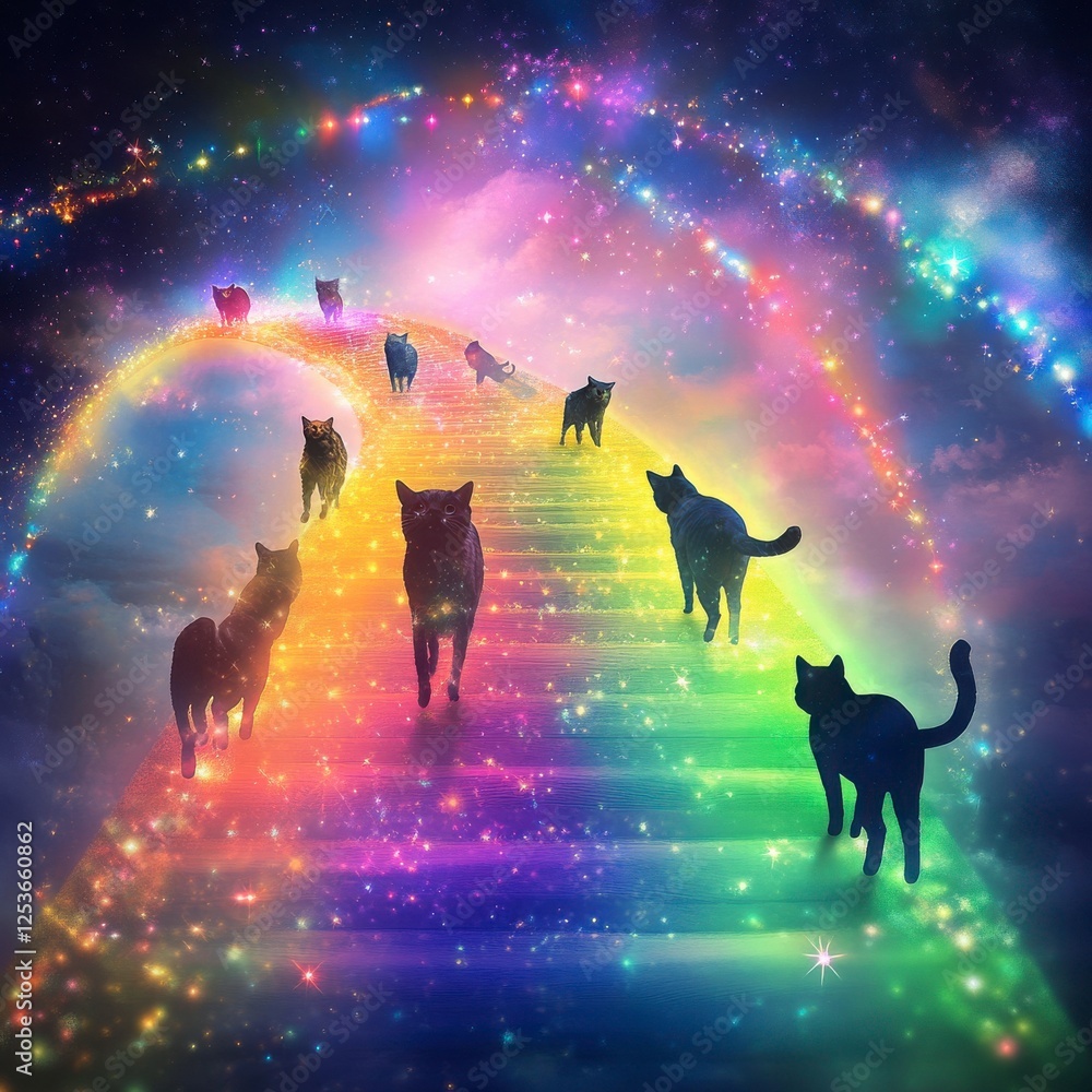 Poster colorful pathway with cats in the sky and rainbow bridge in the dreamlike universe with magical ligh
