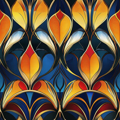 Vibrant floral pattern with bold colors and intricate details on a dark background.