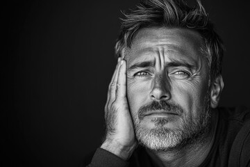 Black and white portrait of a pensive mature man holding his head, conveying emotions of worry, concern, or deep thought