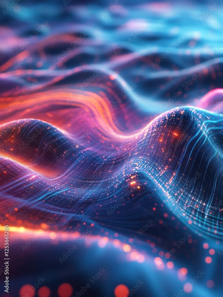 Poster multicolor glowing data over abstract digital landscape. based on generative ai