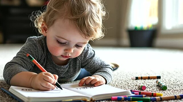 A Child Writing Their First Story in a Notebook with Crayons Scattered Around