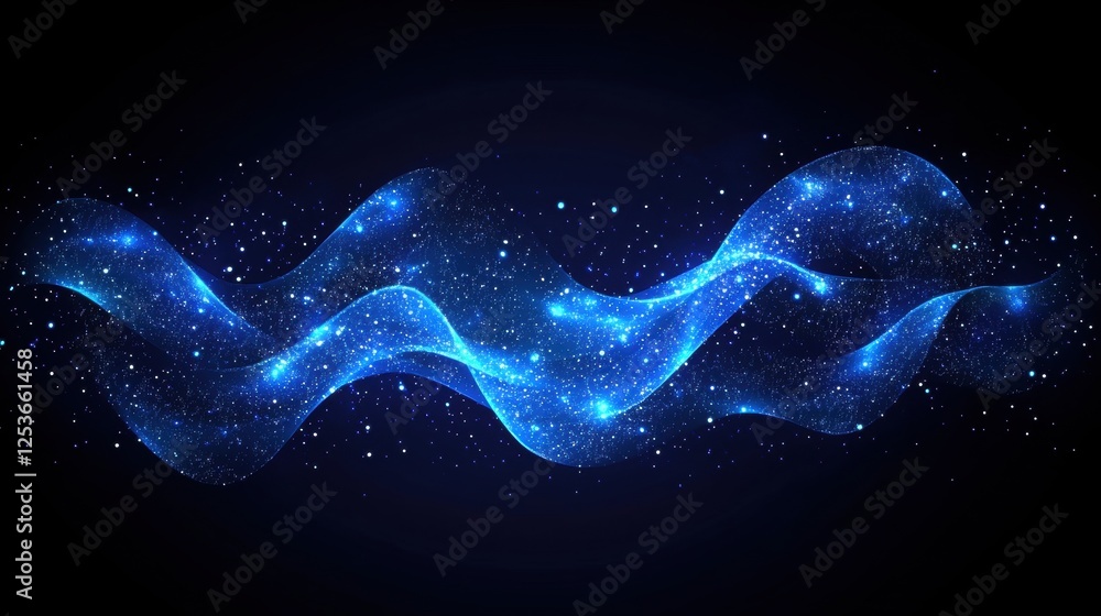 Wall mural abstract blue wave of light with shimmering stars and bokeh effect on a dark background