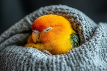 Orange, yellow and green sun conure parrot sleeping comfortably wrapped in a soft gray knitted blanket
