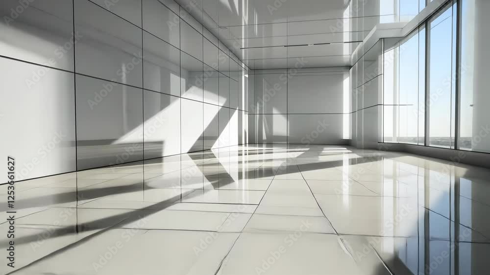 Poster brightly lit empty room with reflective tiled floor showcasing modern architecture design