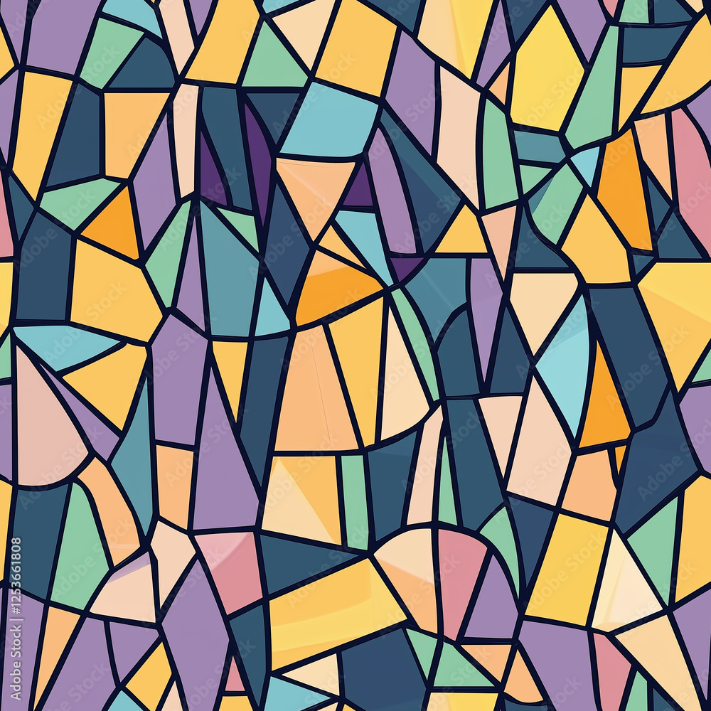 Poster colorful abstract geometric pattern with fragmented shapes and various hues.