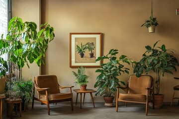 Sunlit room with vintage chairs, plants, and botanical art.