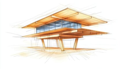 Striking architectural drawing of modern house with expansive glass and geometric design
