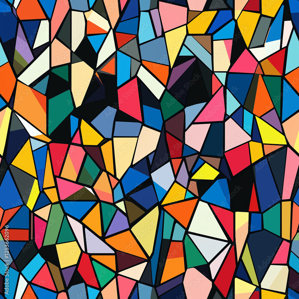 Poster colorful geometric patterns create a vibrant abstract design with varying shapes and hues.