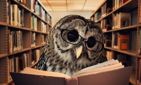An owl bird is wearing eye glasses and reading a library book for an education, creativity or learning concept generated with AI from a photo I created.