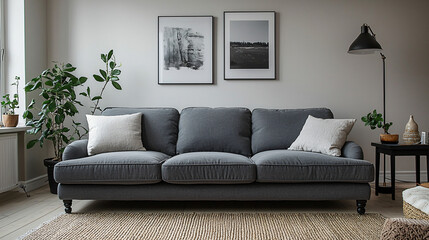 A tranquil Scandinavian living room featuring a grey sofa, functional furniture, and cozy décor with plants adding a touch of nature, creating a peaceful and inviting space.