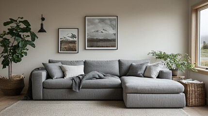 A tranquil Scandinavian living room featuring a grey sofa, functional furniture, and cozy décor with plants adding a touch of nature, creating a peaceful and inviting space.
