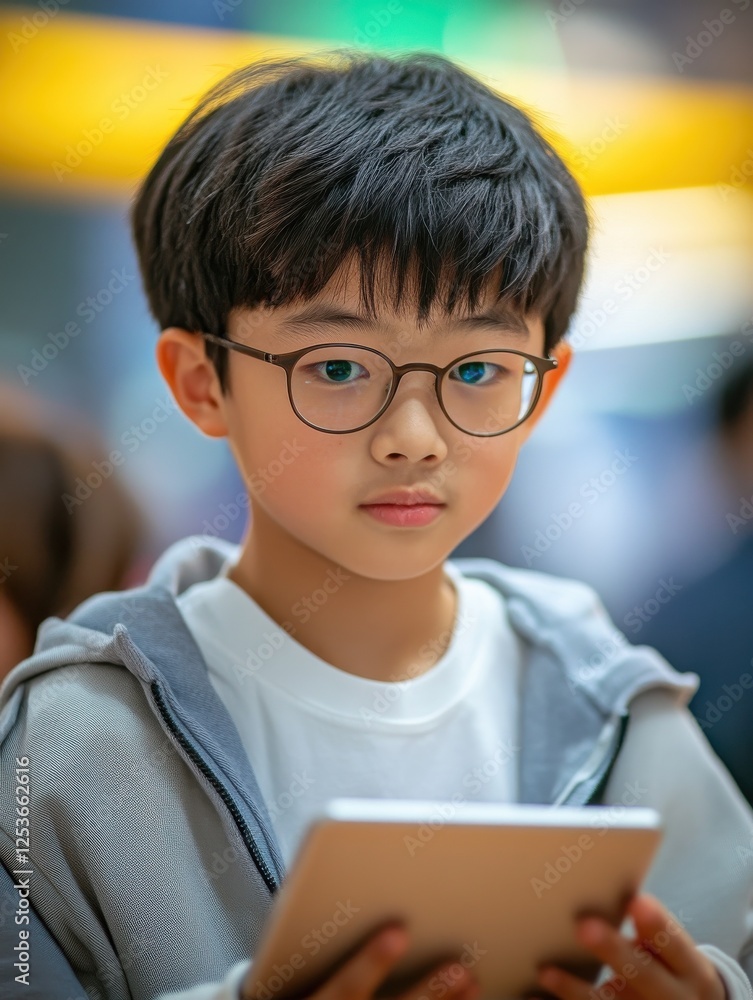 Poster focused asian school boy using digital tablet at class in classroom. attentive junior school student