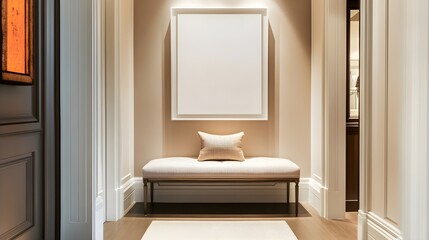 A contemporary home hallway with a white-framed blank canvas above a plush seating bench.
