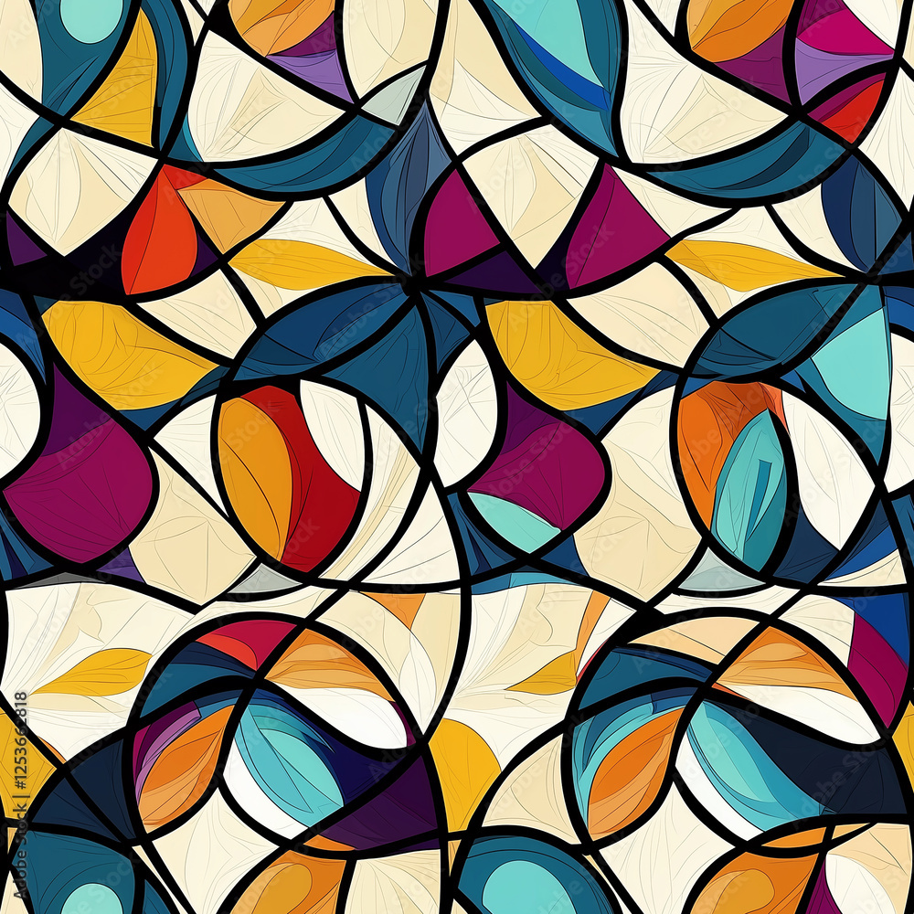 Poster colorful abstract pattern featuring overlapping shapes and vibrant hues.