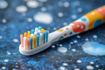 Colorful toothbrush resting on a galaxy-themed surface promoting oral hygiene