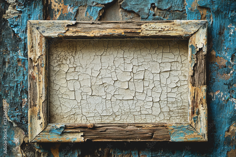 Poster broken window frame on a wall with peeling paint and visible damage in a dilapidated building