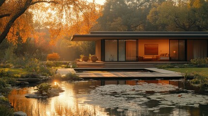 Autumnal Serenity: Modern House by a Tranquil Pond