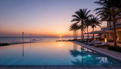Stunning infinity pool overlooking the ocean at a luxury resort. Palm trees, loungers, and a breathtaking sunset create a perfect tropical getaway.