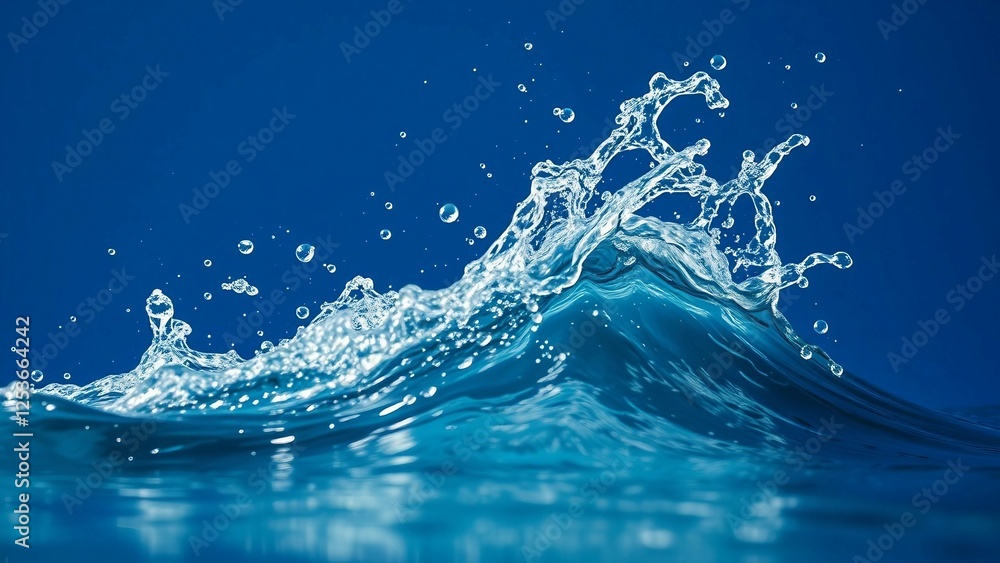 Poster dynamic splash of clear water against a deep blue backdrop the wave crests and droplets create a sen