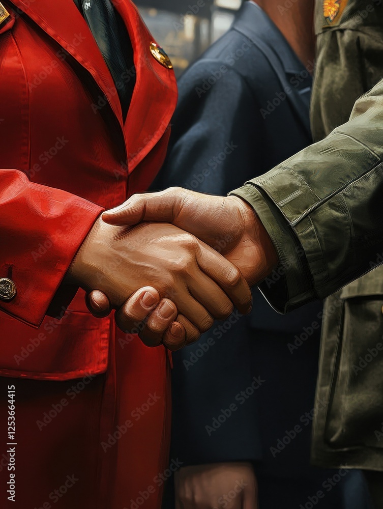 Poster a handshake between a business leader and a team member, emphasizing teamwork and unity