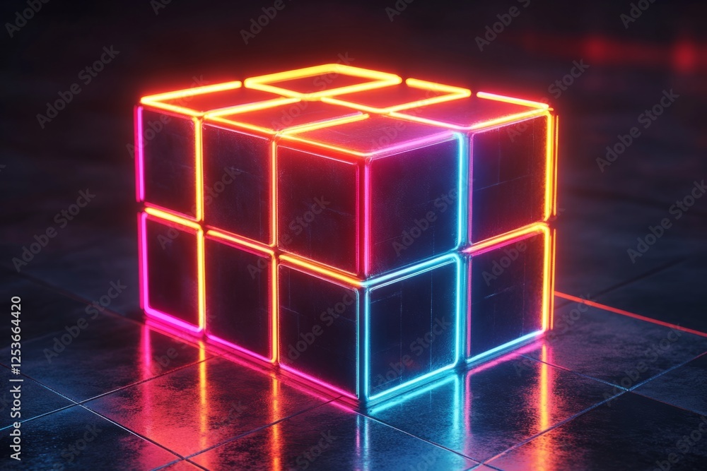 Aufkleber neon cube glowing with vibrant colors, creating a futuristic and abstract scene