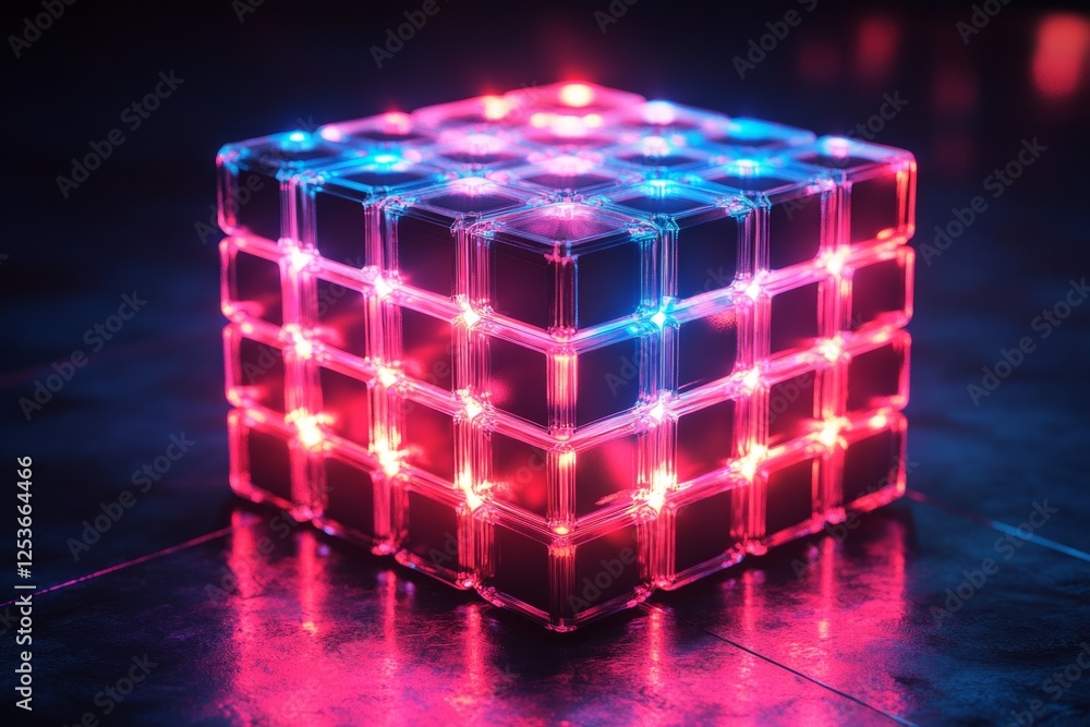 Aufkleber pink and blue lights illuminating transparent cube structure, creating a futuristic and technologica