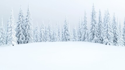 Fototapeta premium Snow-covered pine trees stand in a quiet winter forest under an overcast sky during daytime.