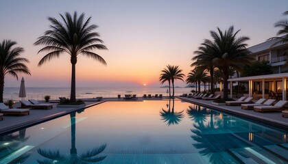 Obraz premium Stunning infinity pool overlooking the ocean at a luxury resort. Palm trees, loungers, and a breathtaking sunset create a perfect tropical getaway.