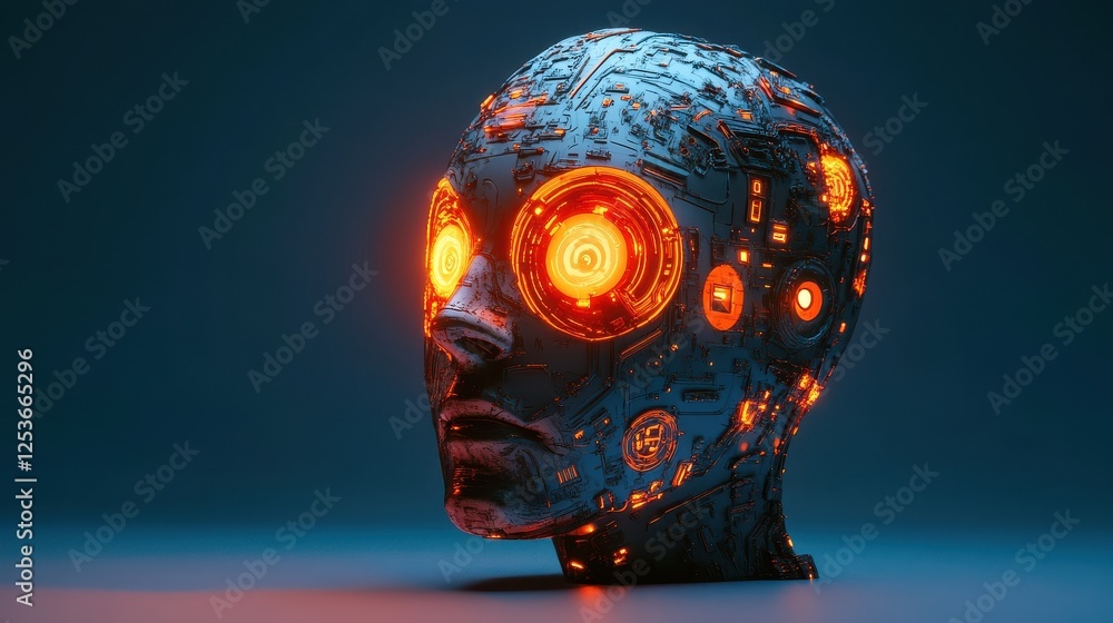 Poster glowing circuit head on blue backdrop. 3d rendering.