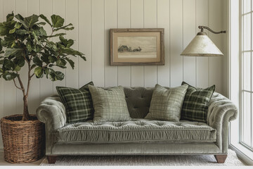 Green and white plaid sofa with decorative pillows and a floor lamp in a cozy living room setting