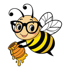  Cartoon cute bee with honey pot