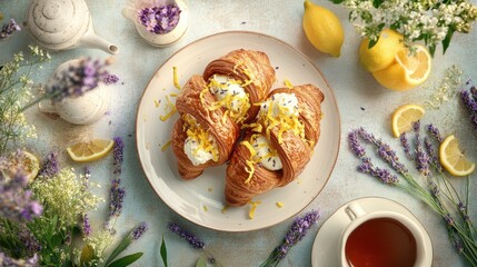 Fototapeta premium Indulge in Lemon Curd Croissant with Lavender Honey Ice Cream A Delightful Dessert Combination