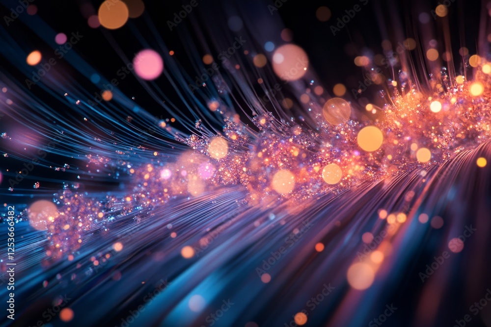 Poster fiber optic cables transferring data with glowing lights and blurred bokeh creating a futuristic tec