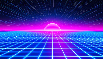 Futuristic neon grid landscape with glowing horizon, retro 80s synthwave background, digital cyberpunk aesthetic, sci-fi virtual reality world
