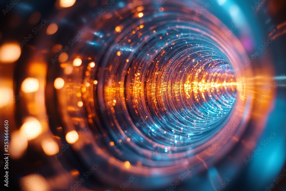 Poster fiber optic strands glowing and transmitting digital data creating a blurry lights effect