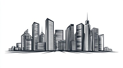 Obraz premium City skyline sketch, urban architecture, buildings, line art, graphic design, background, illustration