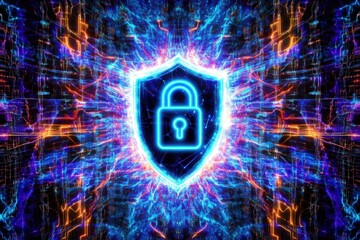 Futuristic digital illustration of a glowing padlock inside a shield, symbolizing cybersecurity, data protection, and online security 