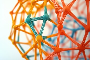 Close-up of a colorful geometric network structure with interconnected nodes and flexible links, symbolizing connectivity, technology, and science