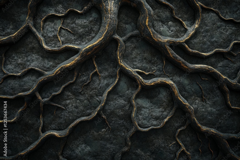 Poster intricate golden tree roots intertwining and growing on a dark rock wall, creating a captivating nat