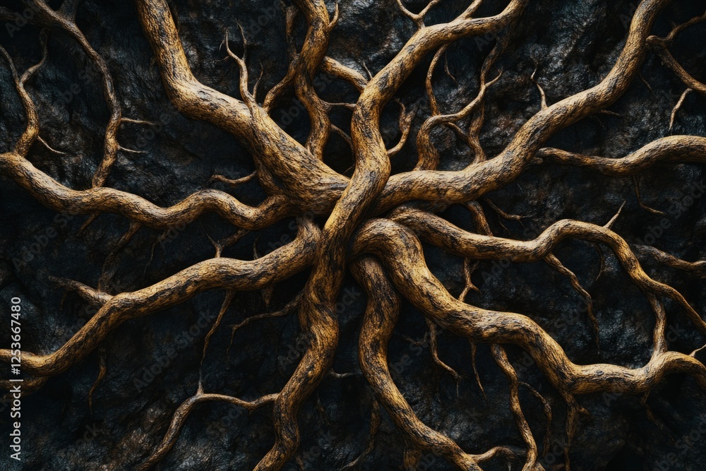 Aufkleber intricate network of gnarled roots creating a captivating organic pattern on a dark rock surface