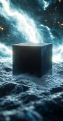 Dark cube on stormy sea, night sky background; product display