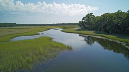 Obraz premium Tranquil Waterway meandering Through the Green Coastal marshland with trees