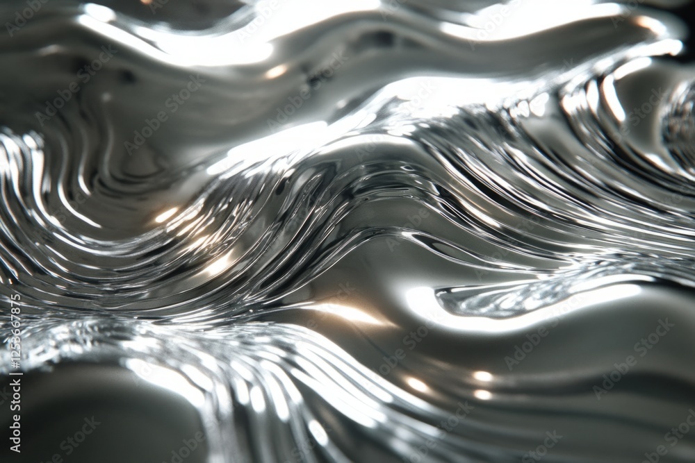 Poster wavy metallic surface reflecting light, creating an abstract chrome background