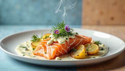 Gourmet poached salmon with dill sauce on elegant plate, culinary delight