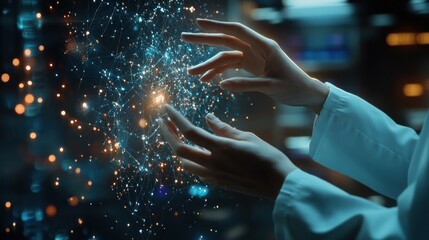 scientist doctor hand touch virtual molecular structure in the lab